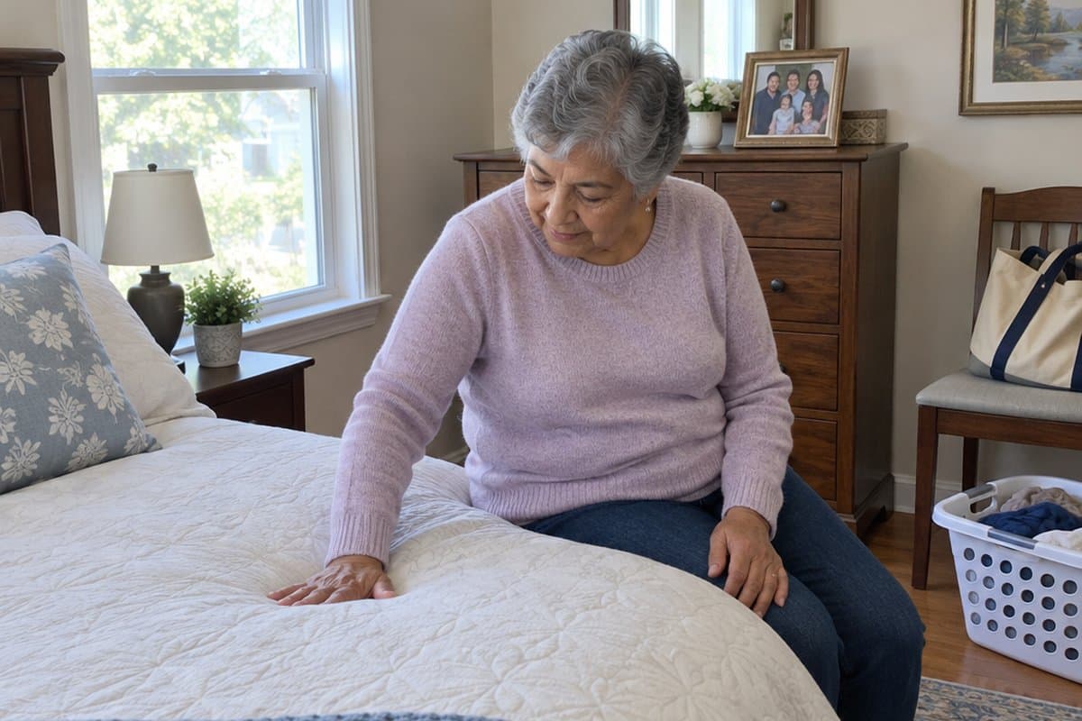 An older woman sitting on a bed and pressing her hand into the mattress.