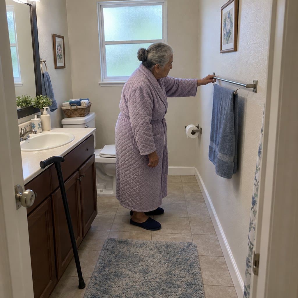 Older woman in a bathroom reaching for a towel bar beside the toilet with a cane leaning on the sink