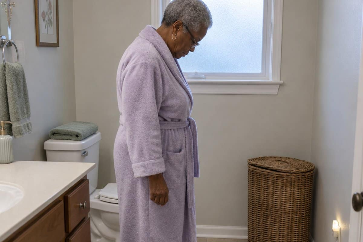 Older woman in a robe standing on a wide bathroom scale and reading its large display