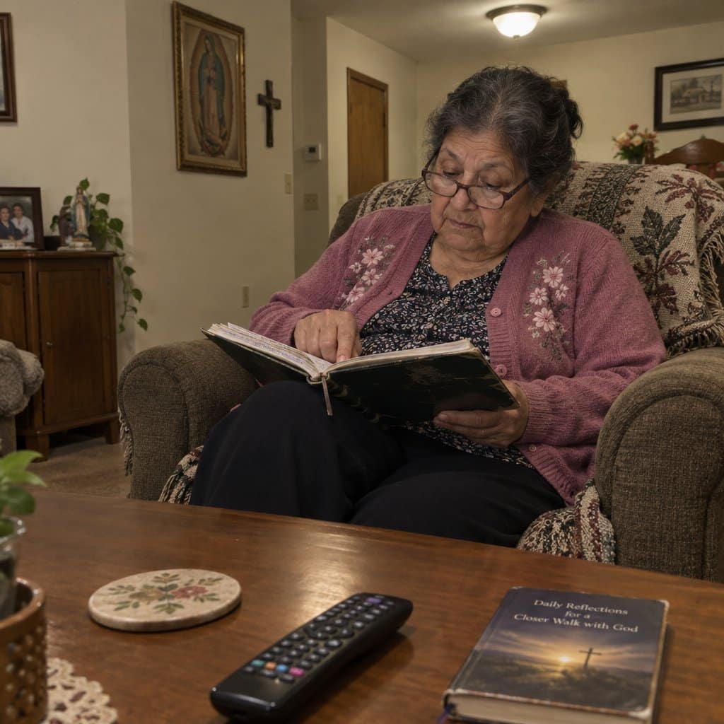 An older woman wearing reading glasses sits in an armchair reading from an open journal in her lap, with a devotional book and remote on the nearby coffee table