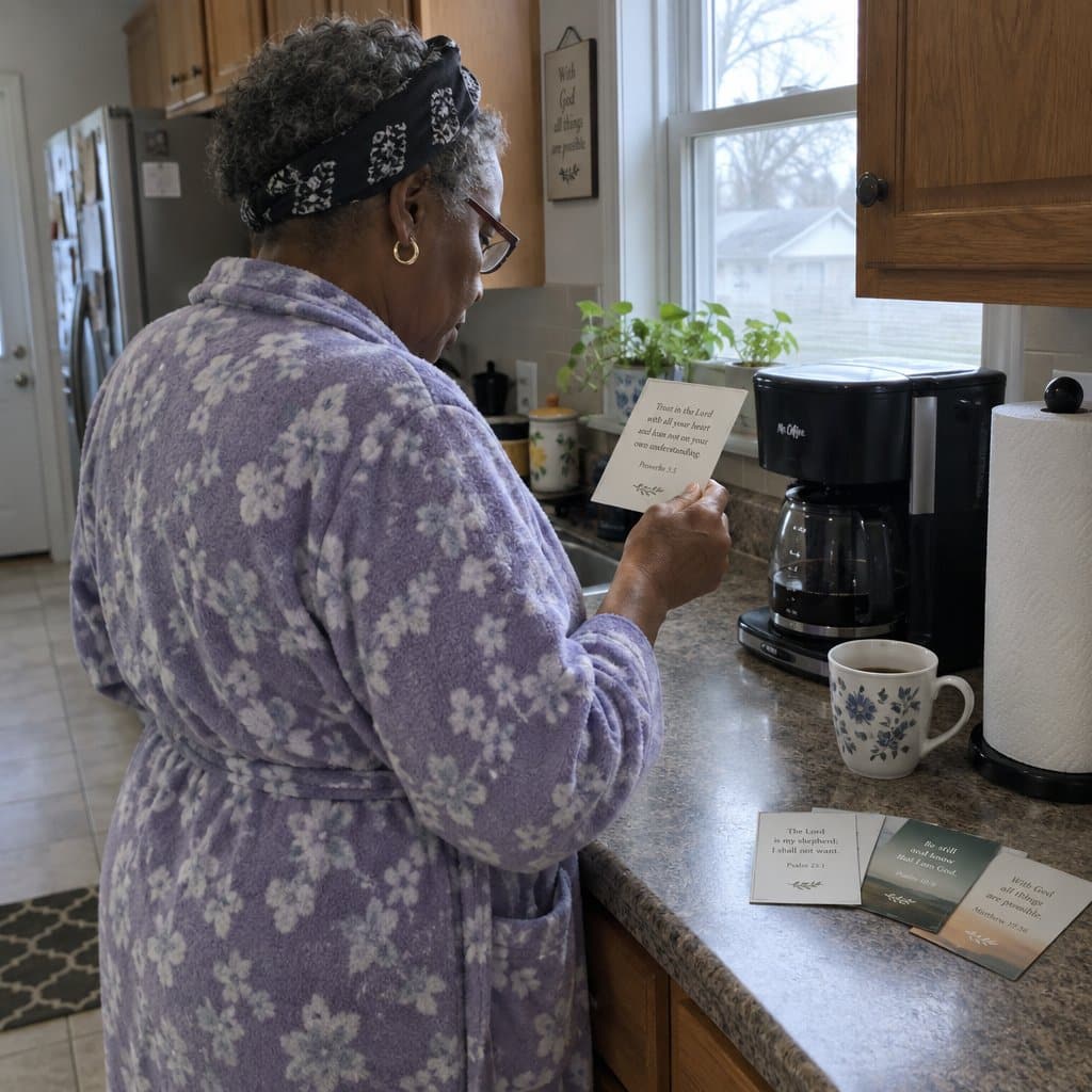 An older woman stands at a kitchen counter reading a small card near a coffeemaker, with a mug and other counter items visible, seen from slightly behind her