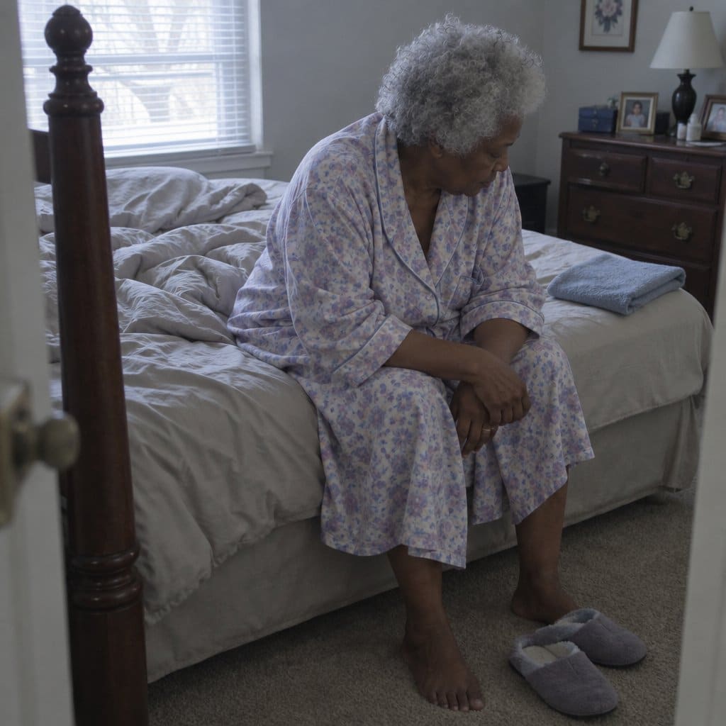An older woman with natural grey-white hair sits on the edge of a bed with elbows on knees, looking downward, slippers on the floor and a folded towel on the mattress beside her