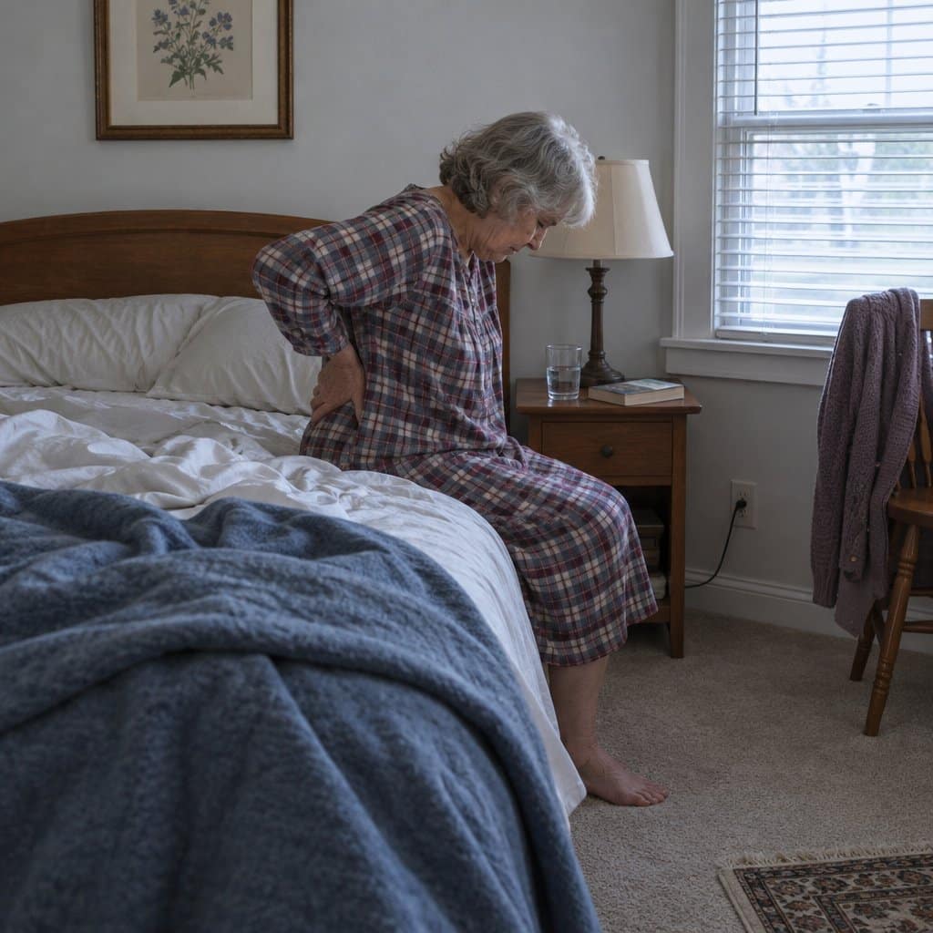 An older woman sitting on the edge of a rumpled bed holding her lower back in the morning.