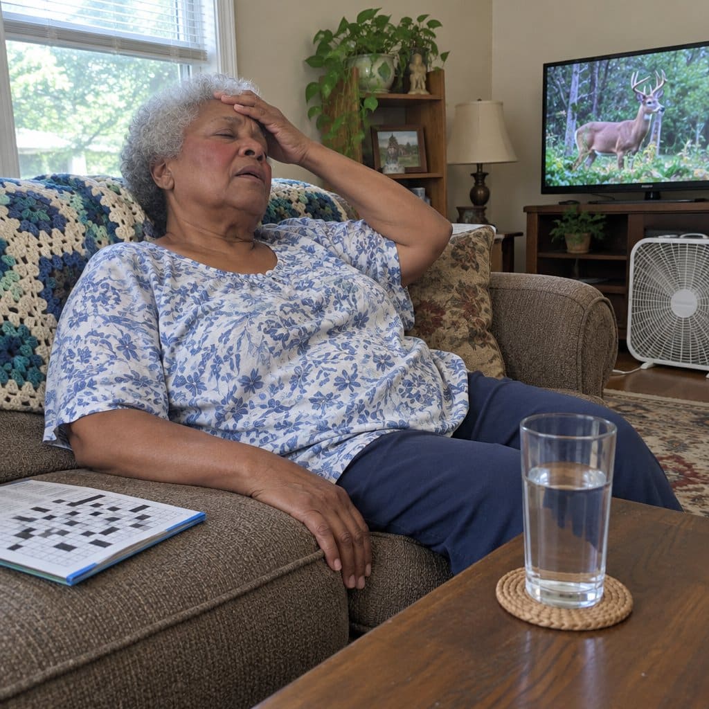 Older woman resting on a sofa looking tired with a glass of water on the coffee table