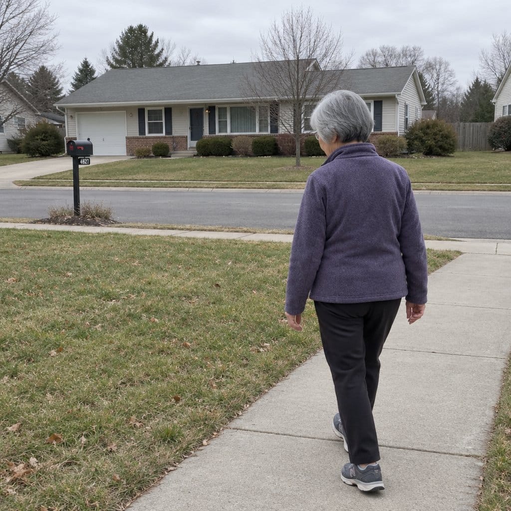 An older woman in a zip-up fleece walking on a suburban sidewalk, looking slightly downward, a ranch-style house and mailbox visible in the background