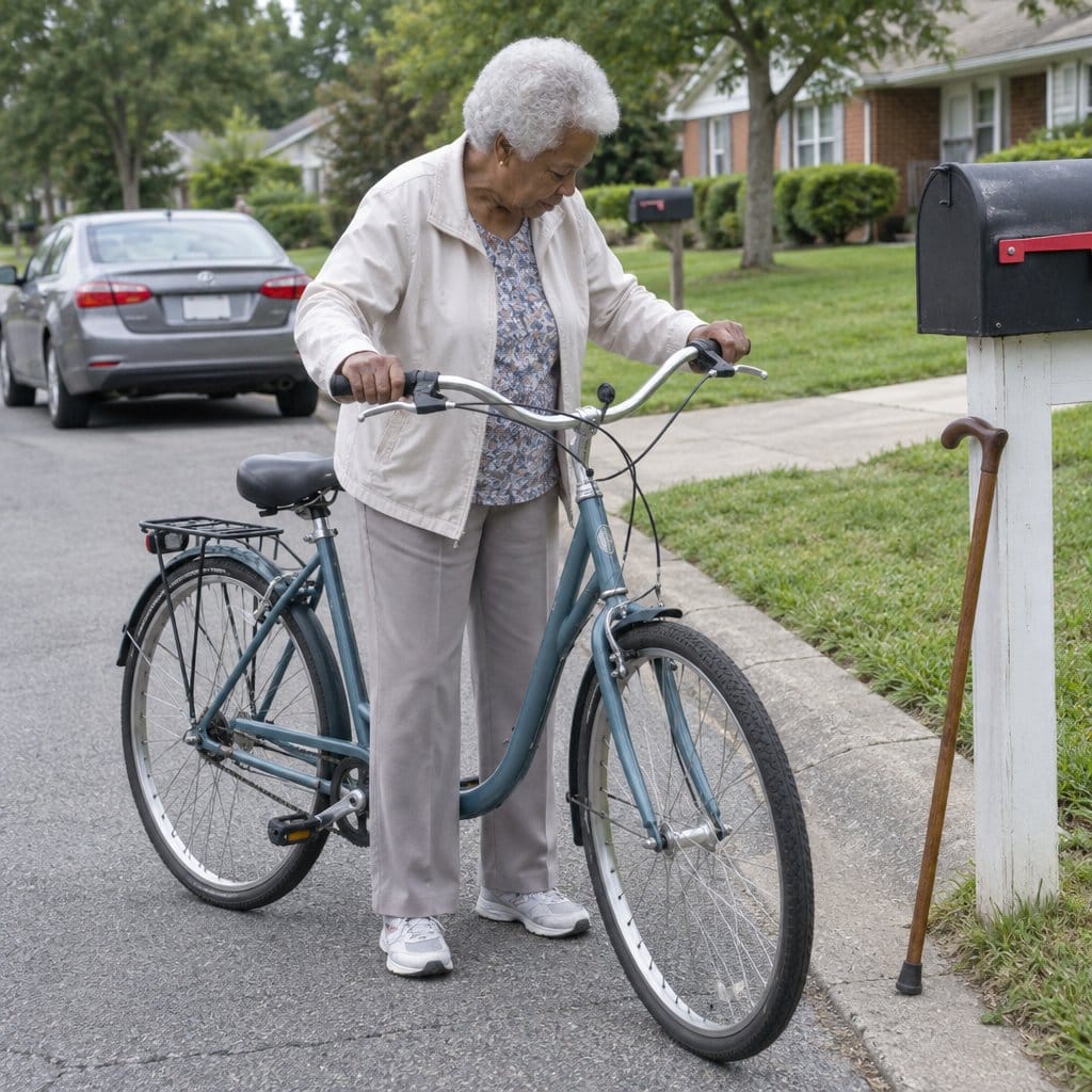 Older woman with a cane hooked on the handlebar stepping onto a step-through bicycle on a street