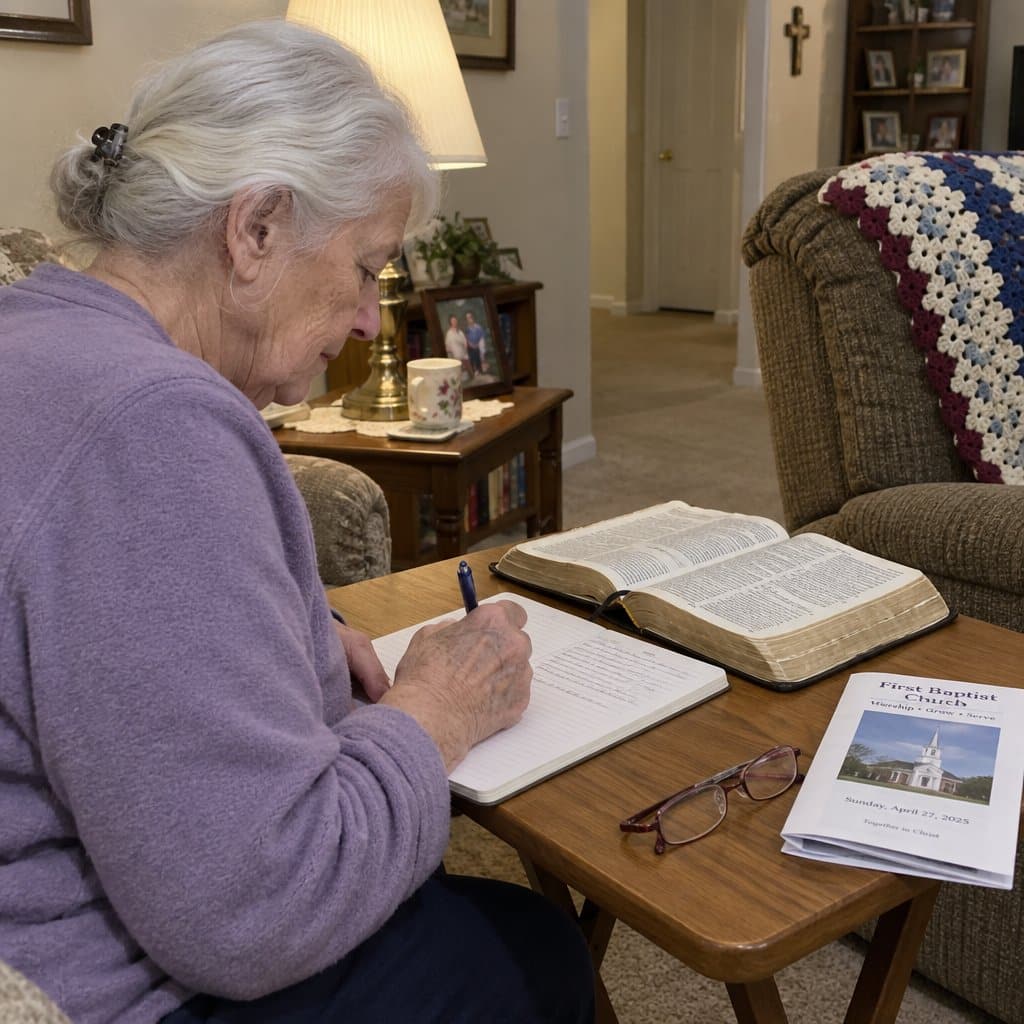 An older woman with white hair sits at a side table writing in a journal with a worn Bible open beside her, seen from the side in a lived-in living room