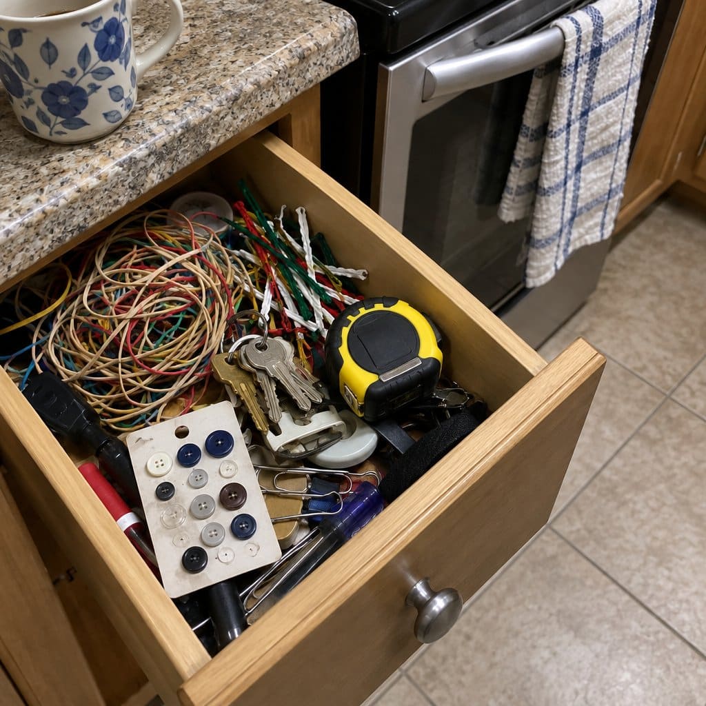 An open kitchen drawer crammed with rubber bands, twist ties, keys and buttons.