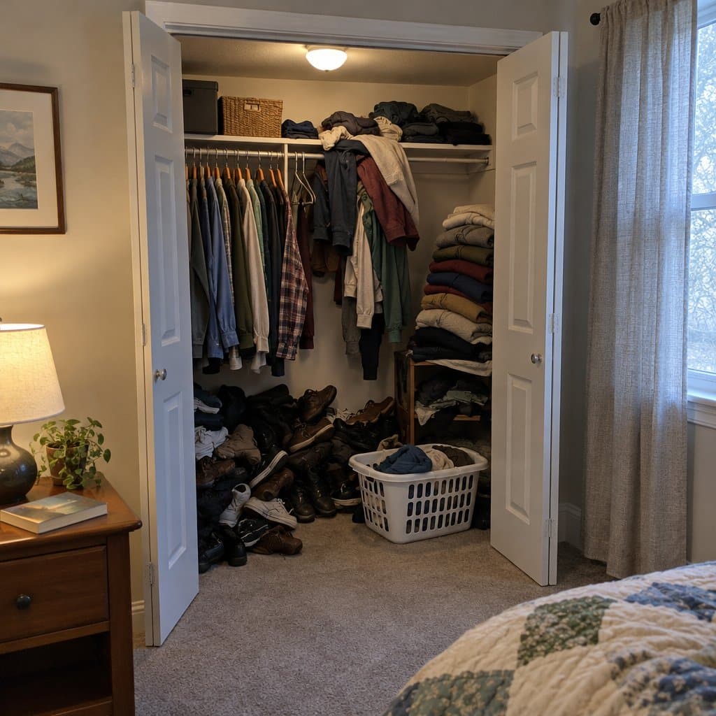 Overstuffed bedroom closet with piled shoes and clothes spilling onto the floor