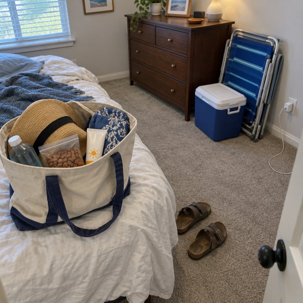 Open beach bag on a bed with sun hat, water bottle, snacks, sunscreen, sandals, cooler and chair nearby