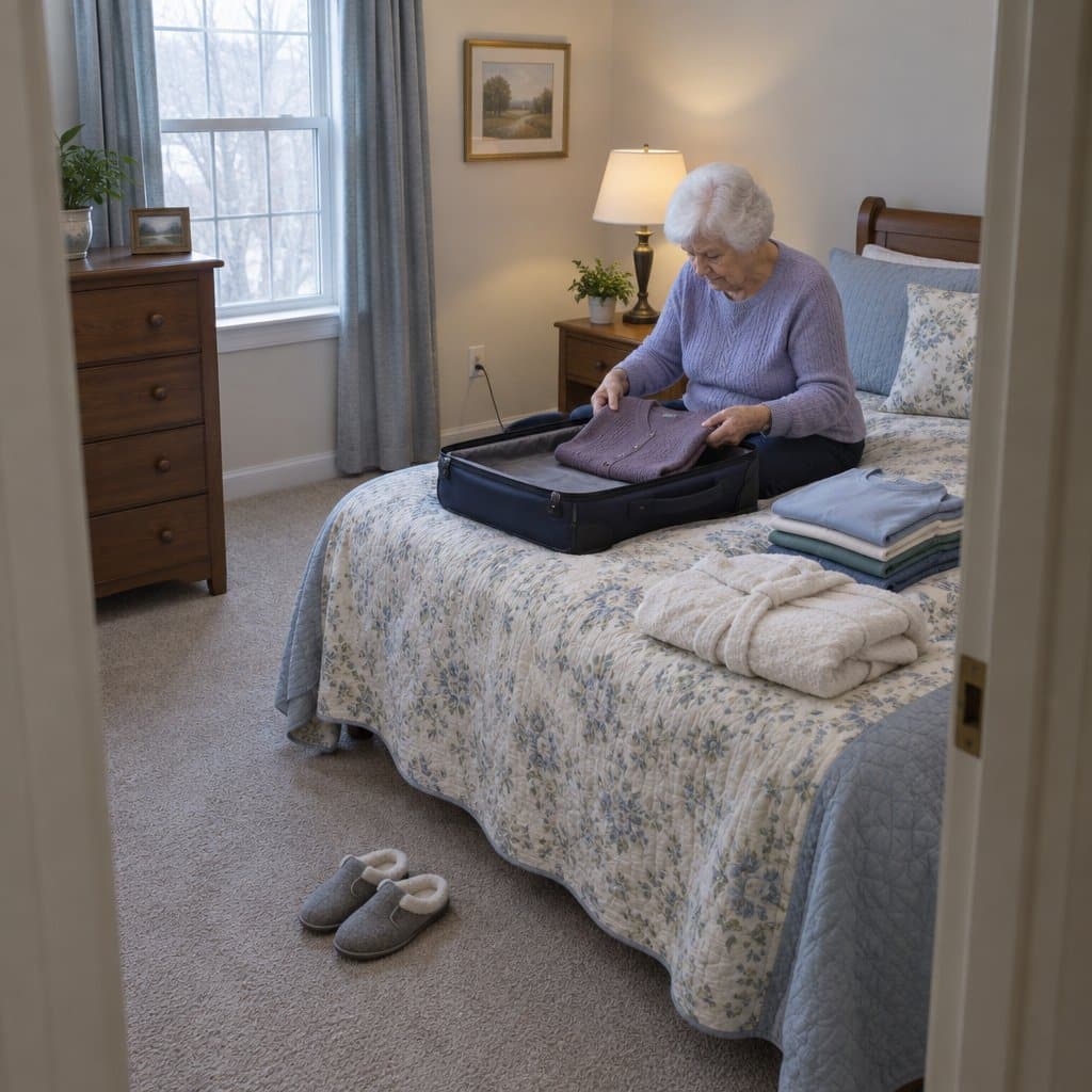 Older woman sitting on a bed folding a cardigan into an open suitcase beside stacks of clothes