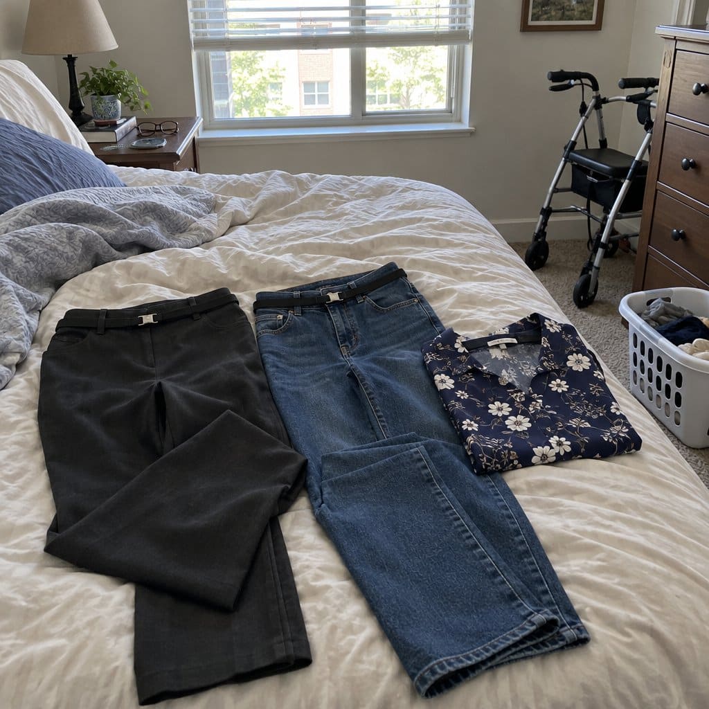 Slacks and jeans with elastic belts threaded through loops laid on an unmade bed beside a walker