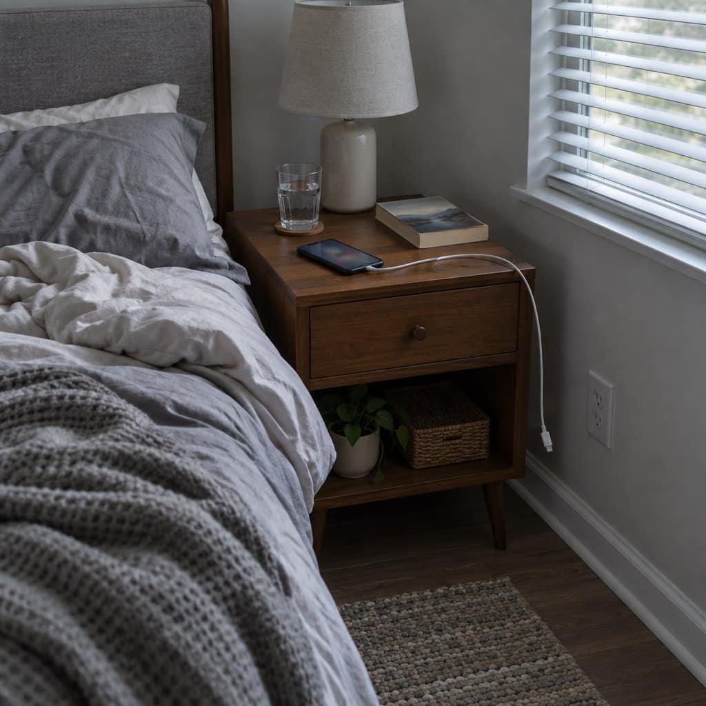 Phone on a nightstand with an unplugged charging cable beside it