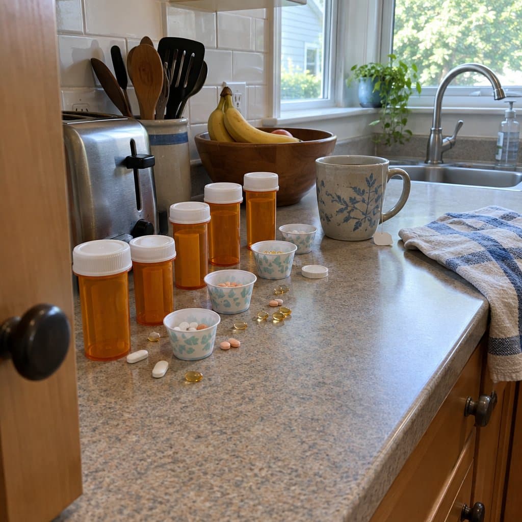 Kitchen counter with several pill bottles and small paper cups of loose pills
