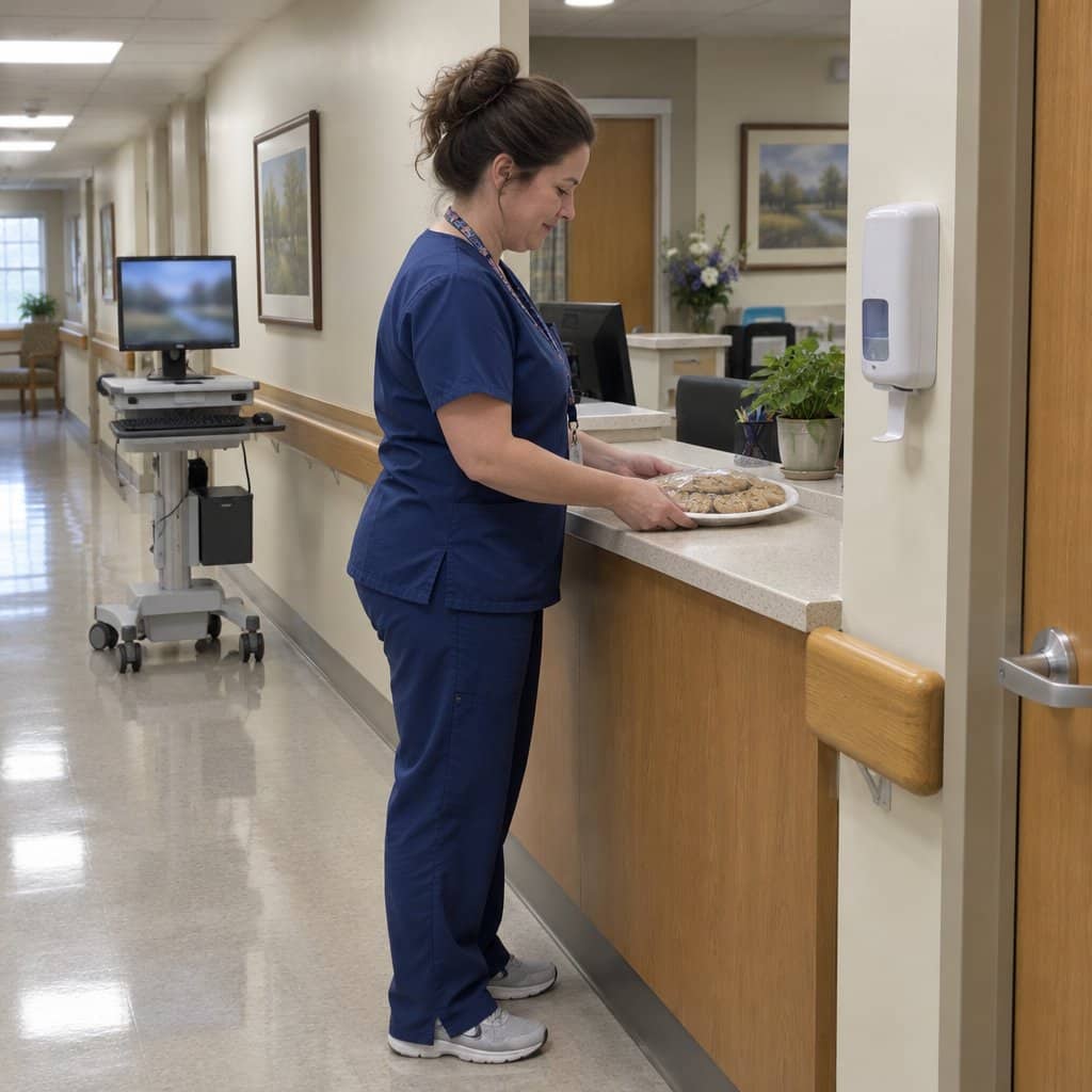 A plate of cookies on a nursing home nurse's station counter with a staff member beside it.