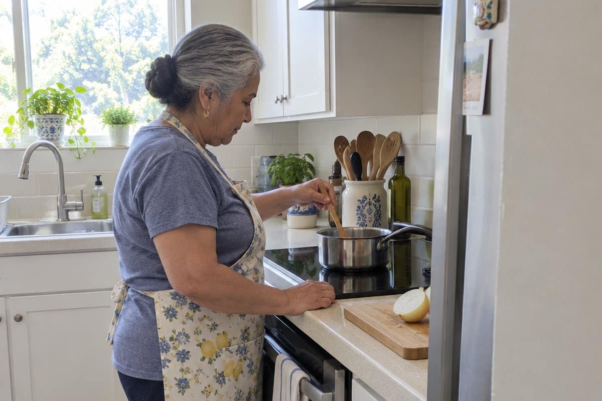 An older woman in an apron stirs a pot on a countertop burner while standing at her kitchen counter.