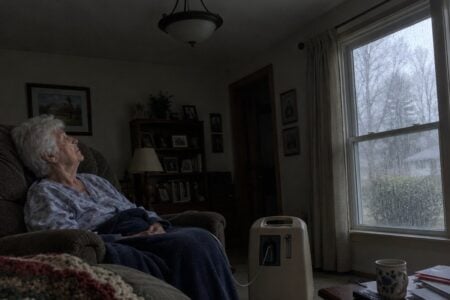Older woman with white hair sits in a recliner in a dim living room, oxygen tubing at her face, a silent concentrator on the floor beside her.