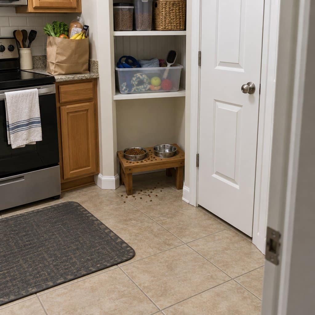 Pet food and water bowls on a low stool in a kitchen beside a pantry shelf of supplies