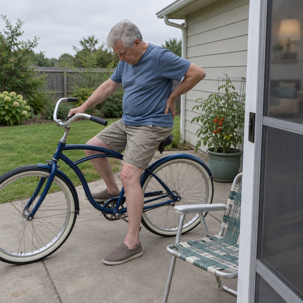 Older man sitting on a bicycle with a hand on his lower back on a patio