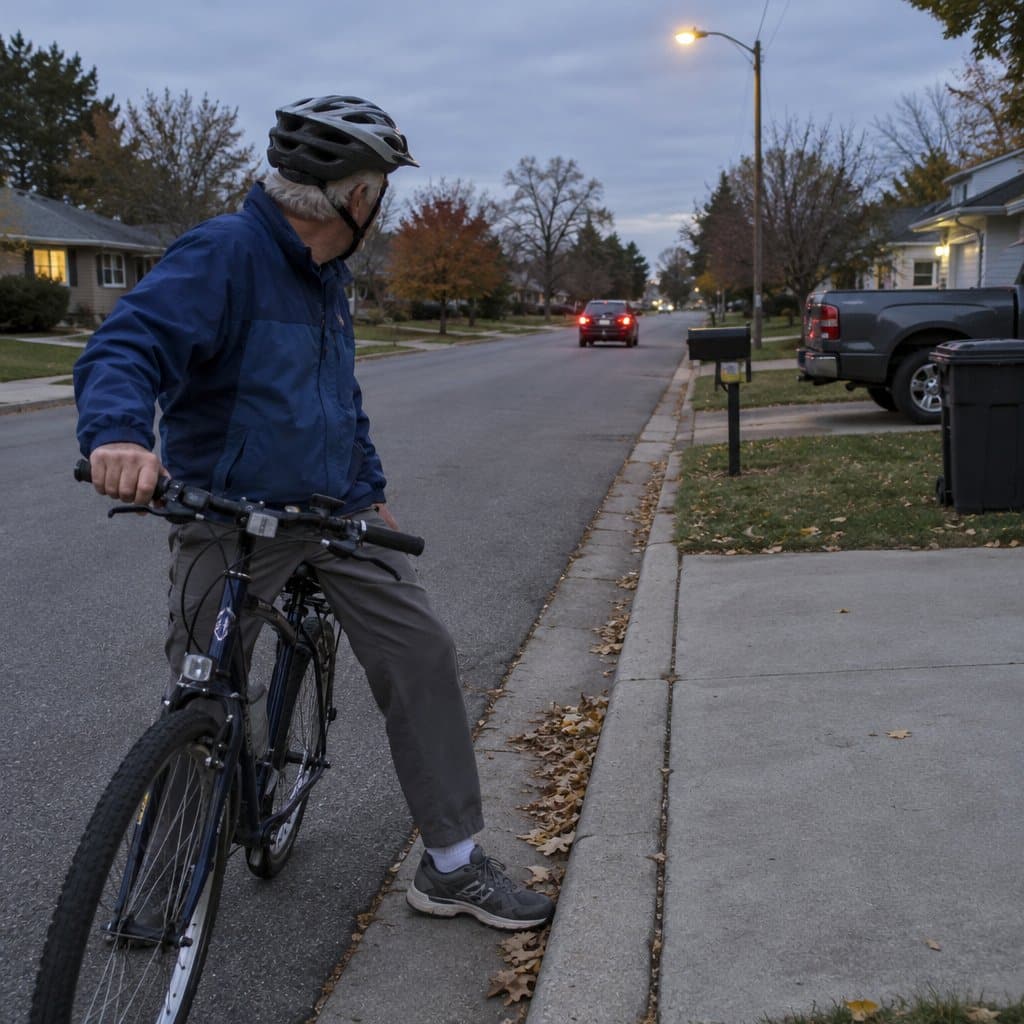 Older man on a bicycle at the curb at dusk looking back at a passing car