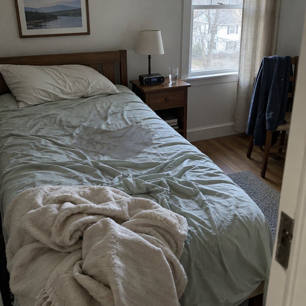 Rumpled unmade bed with a damp patch on the sheet and a blanket kicked to the foot