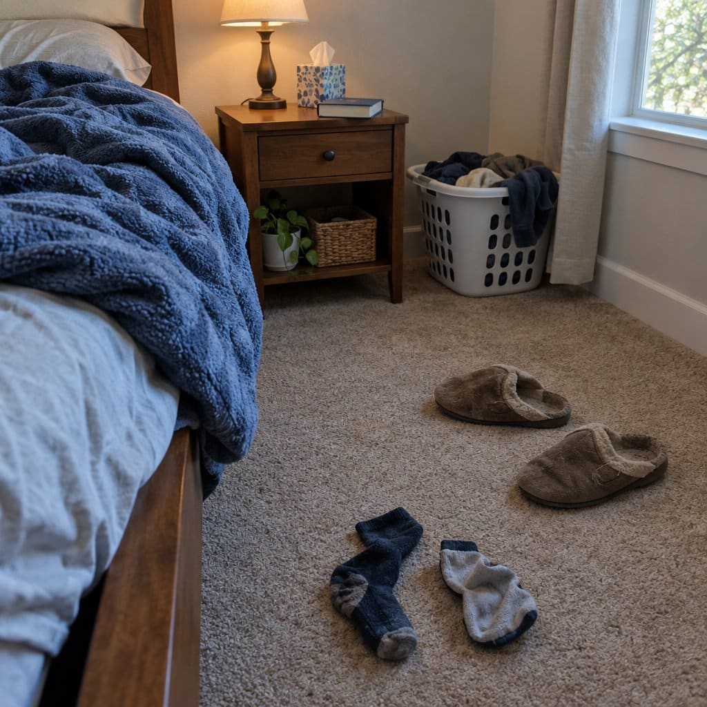 Rumpled socks and slippers on a bedroom carpet beside an unmade bed