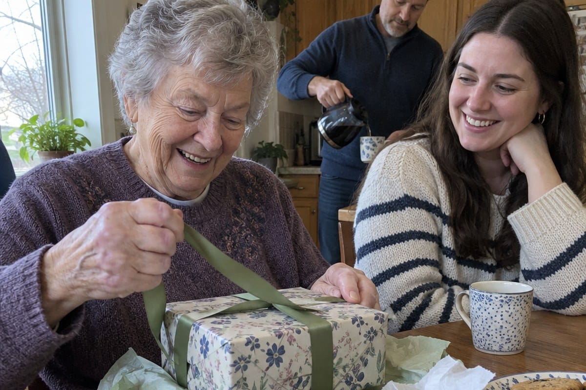 Senior woman with arthritis untying a gift ribbon at the kitchen table with her granddaughter