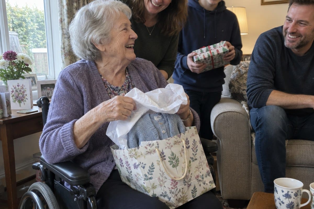 Smiling senior woman in a wheelchair opening a gift bag with her family around her