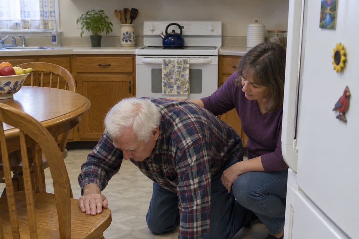 An older man on hands and knees on a kitchen floor reaching for a chair while a woman steadies his back