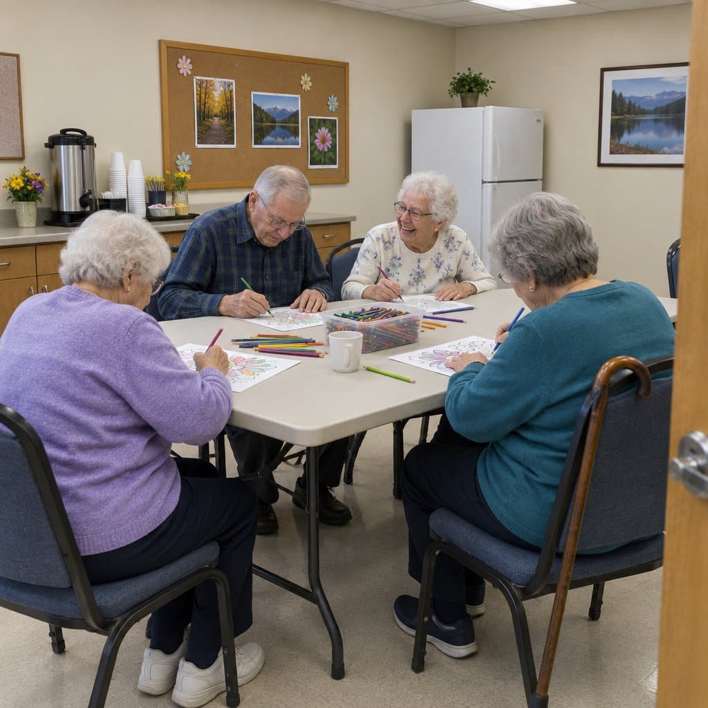 Group of older adults coloring around a table in a senior center room
