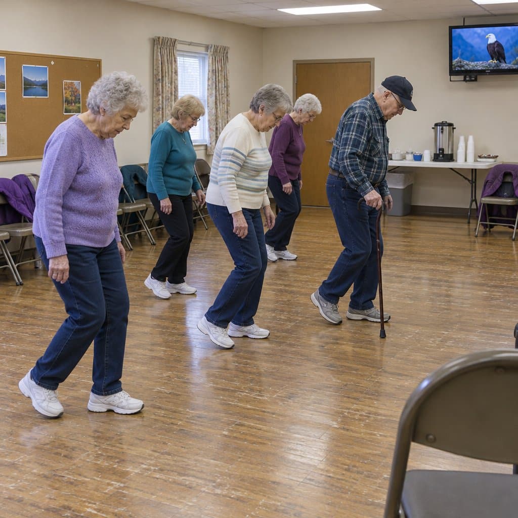 Group of older adults line dancing in a community center hall, one using a cane