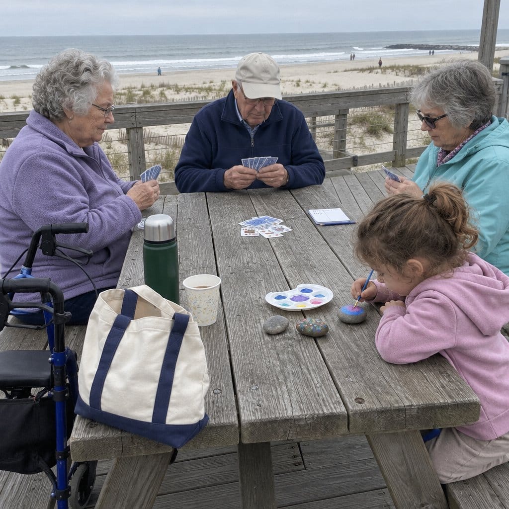 Four older adults playing cards at a picnic table at the beach with a cane hooked on the table