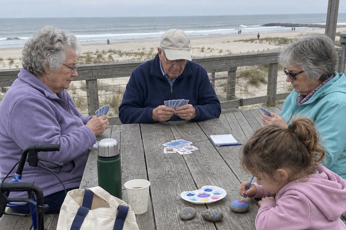 Four older adults playing cards at a picnic table at the beach with a cane hooked on the table