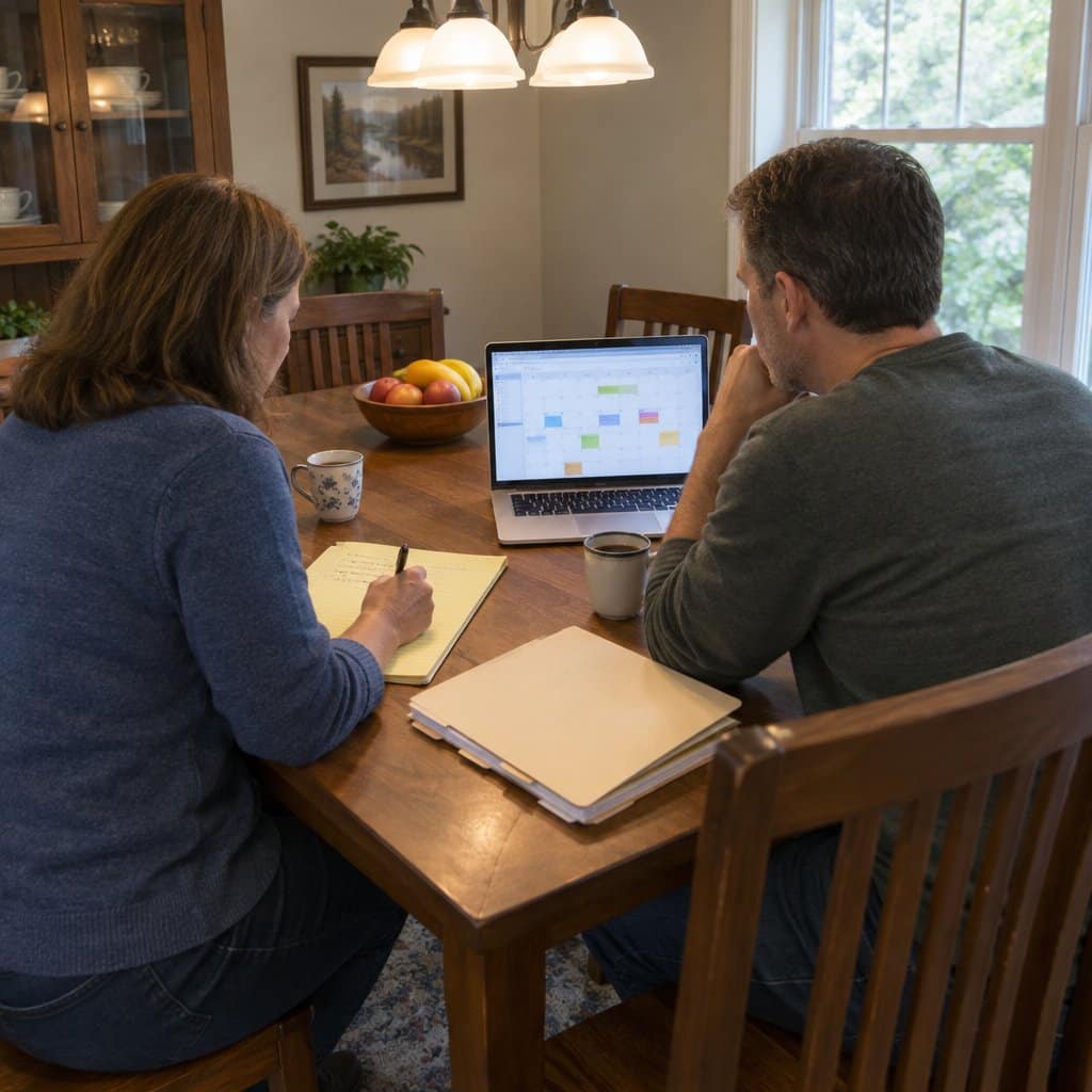 Two adult siblings at a dining table with a laptop showing a calendar and a legal pad