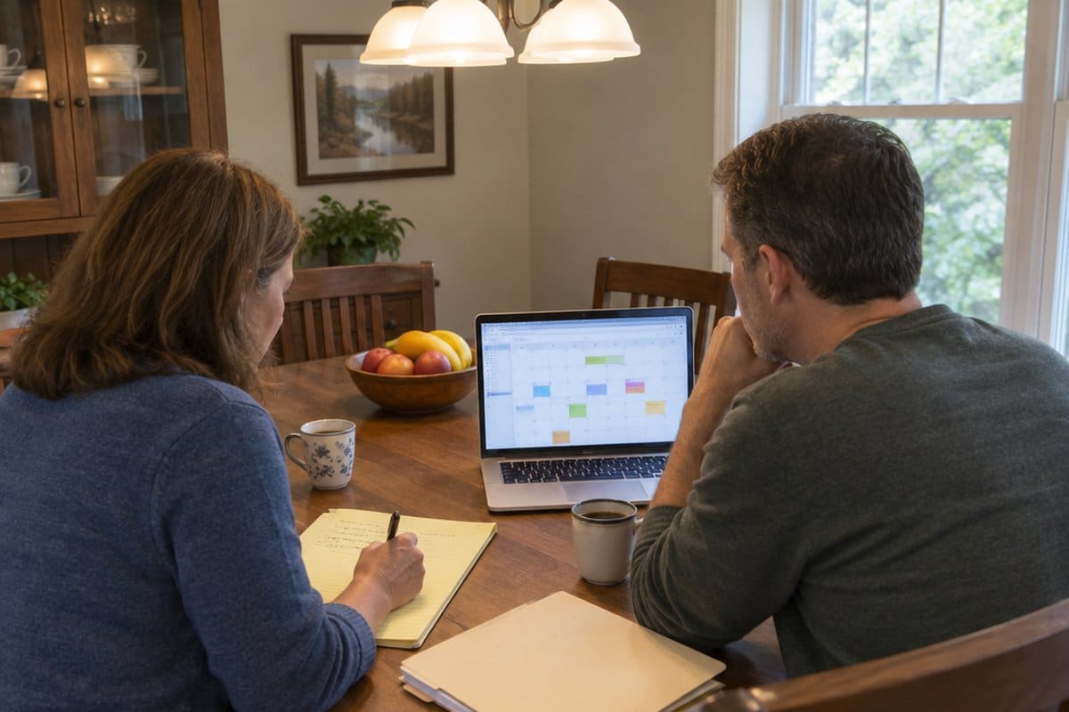 Two adult siblings at a dining table with a laptop showing a calendar and a legal pad