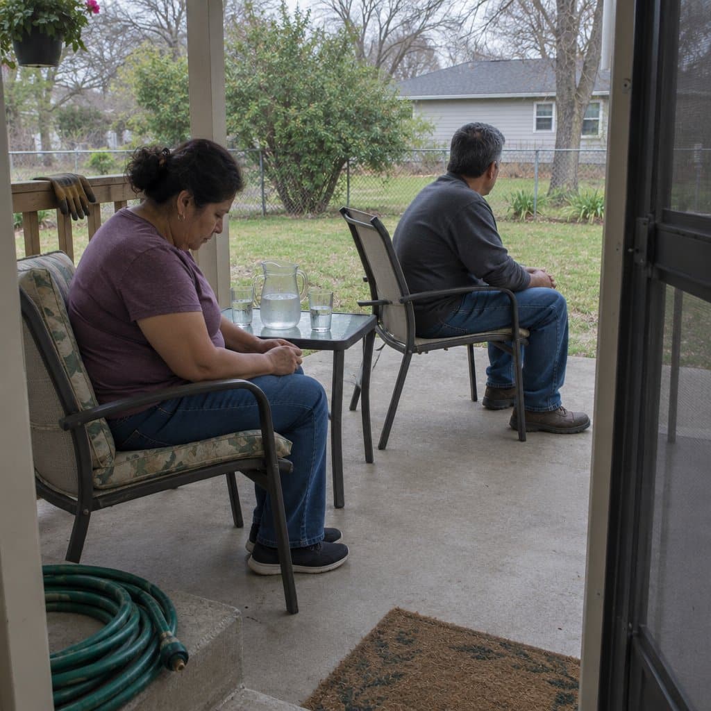 Two adult siblings sitting apart on a porch, looking away from each other