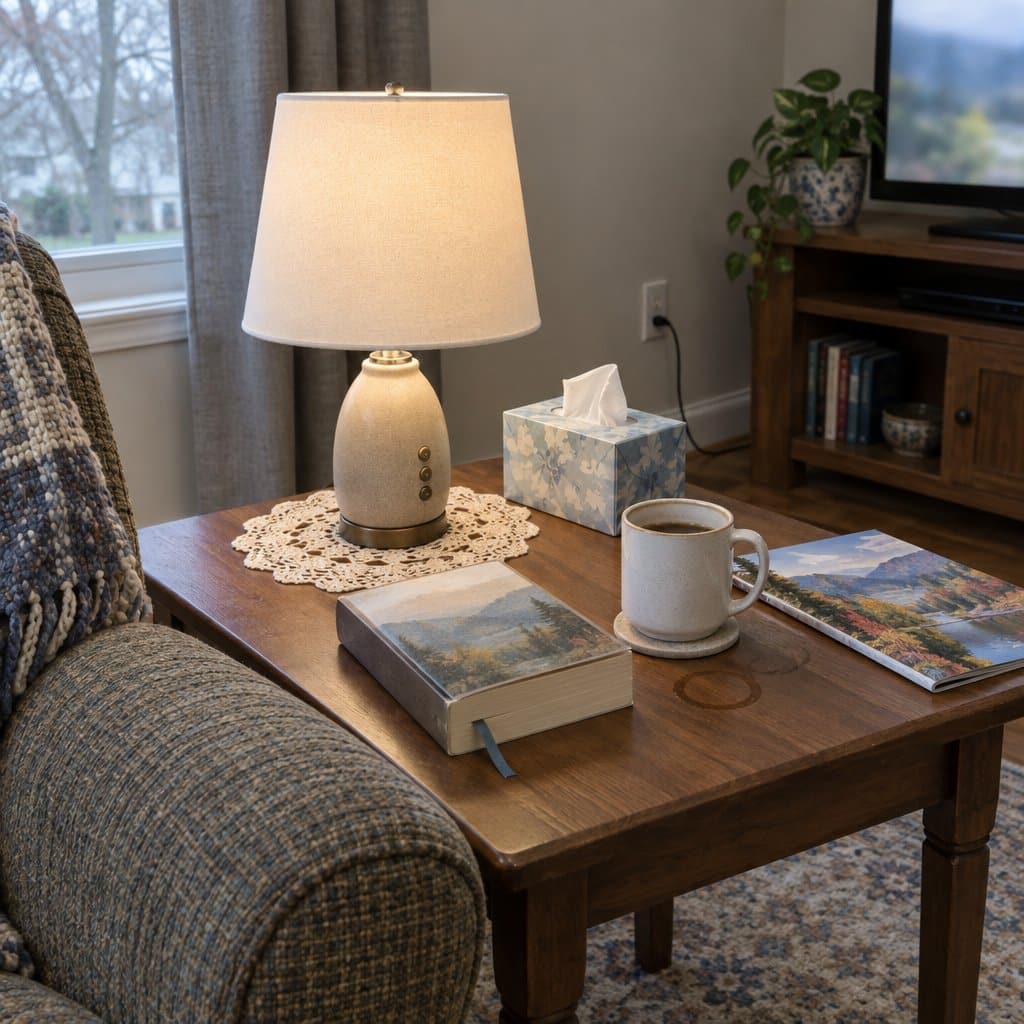 Side table with a lamp, paperback and mug beside an empty armchair