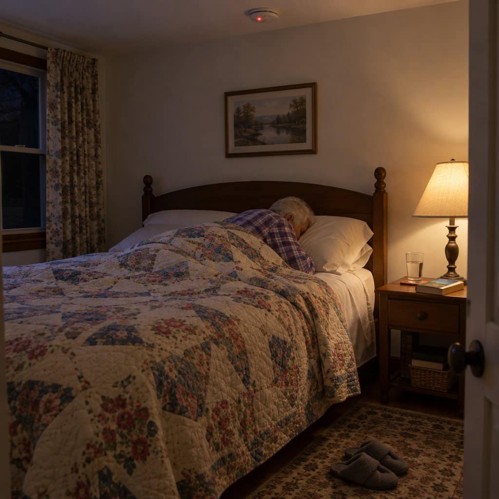 Older woman asleep in a dim bedroom with a smoke alarm on the ceiling above the bed