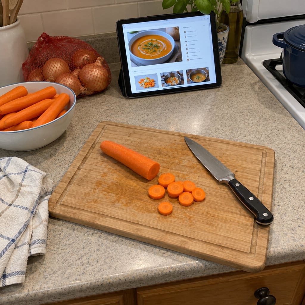 Cutting board shifted on a kitchen counter with chopped carrot and knife