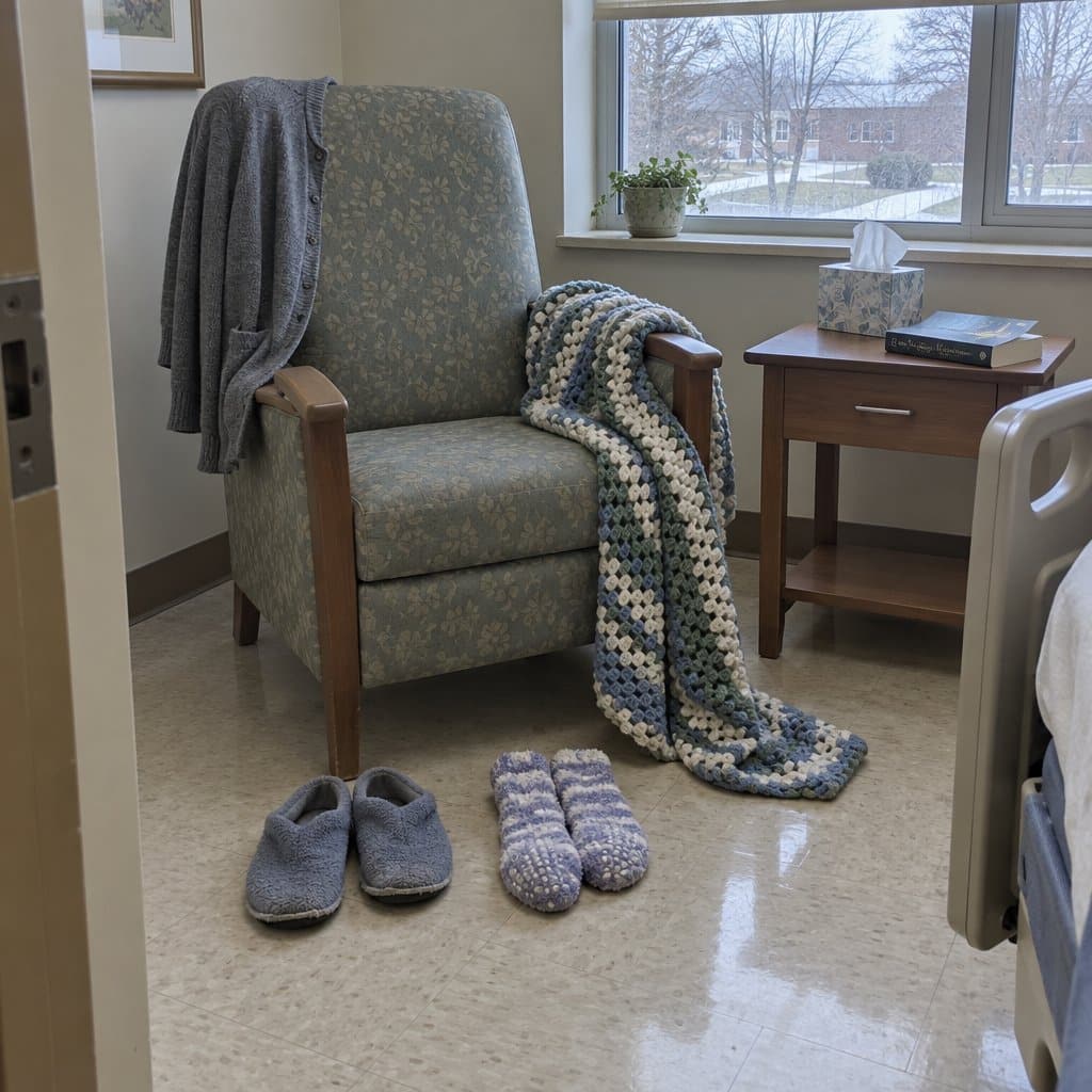 Slippers, socks and a knitted afghan beside an armchair in a care facility room
