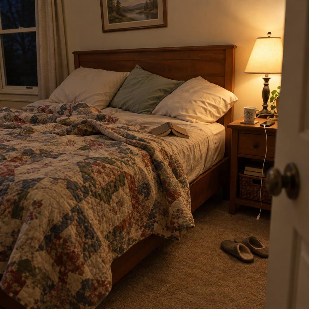 A rumpled bed with slumped pillows against the headboard, a book and a cup of tea on the nightstand.