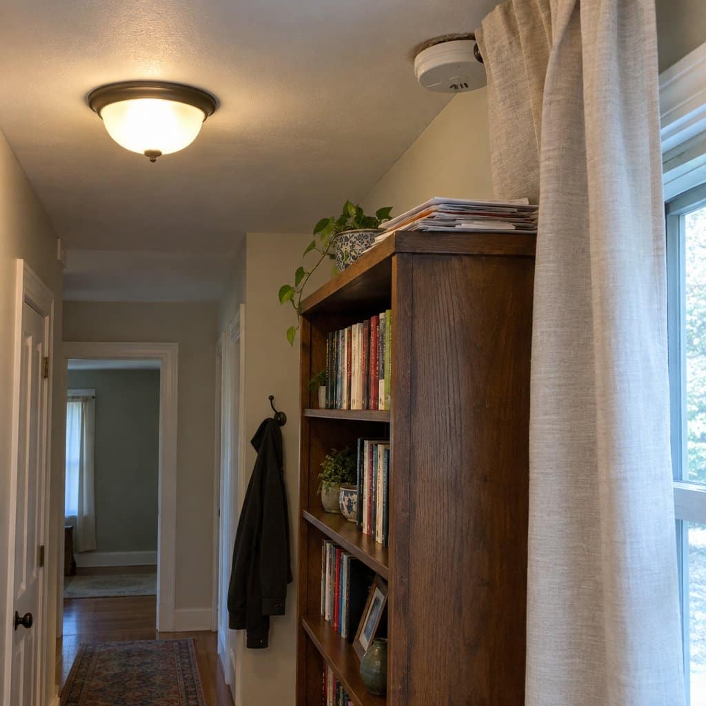 Smoke alarm on a hallway ceiling partly blocked by a curtain with a bookcase below