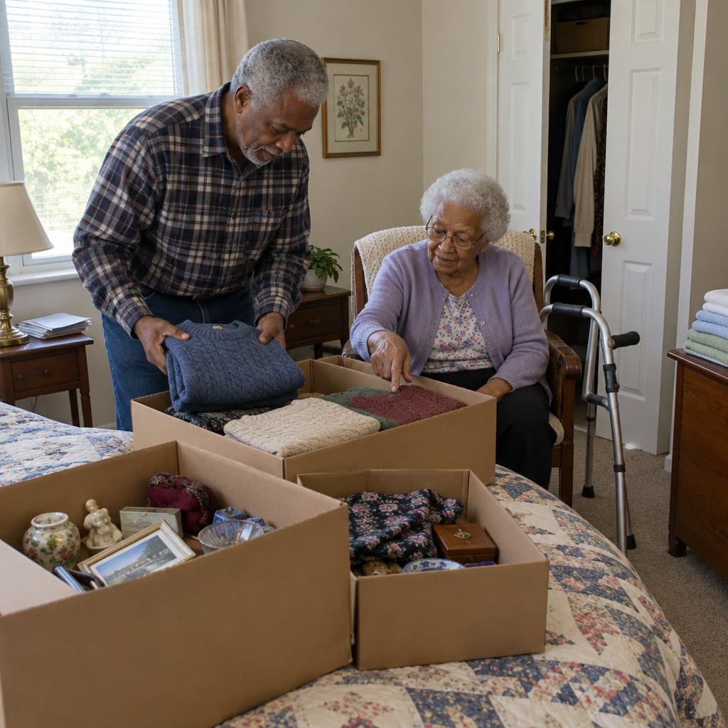 Man and his elderly mother with a walker choosing clothes from open boxes on a bed