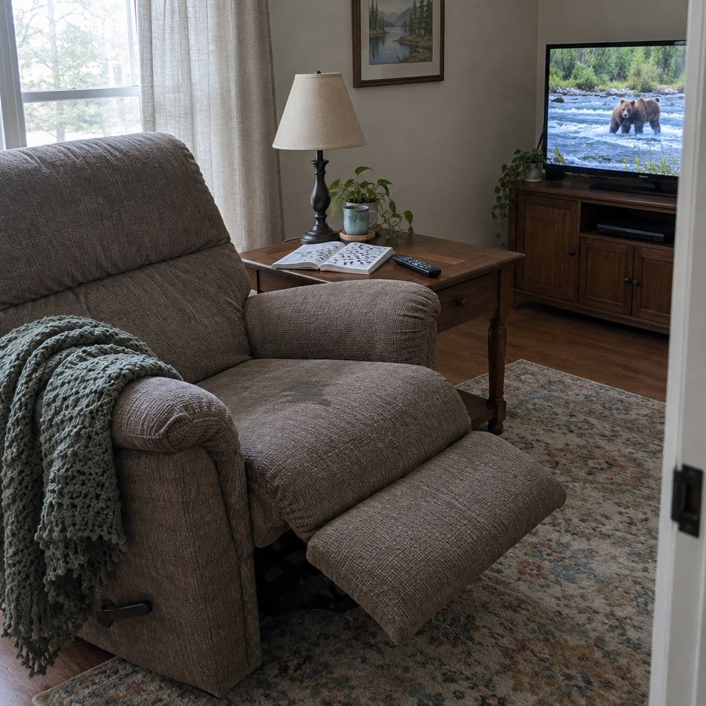Empty living room with a fabric recliner showing a stain on the seat cushion beside a side table
