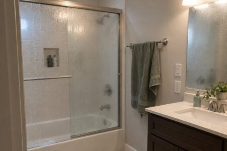 Empty steamy bathroom with fogged mirror, wet tub floor and damp towel on the bar
