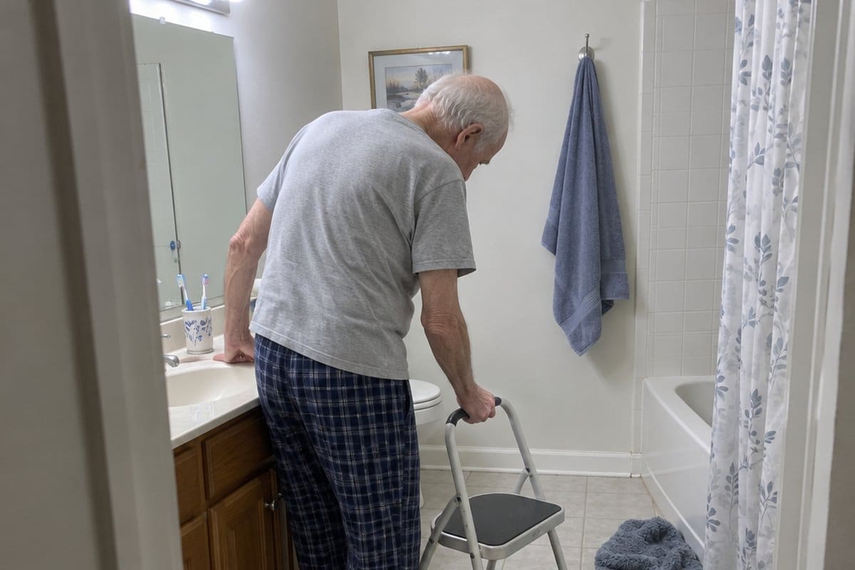 An older man in pajamas grips a bathroom vanity while looking down at a small step stool standing near a damp patch on the tile floor.