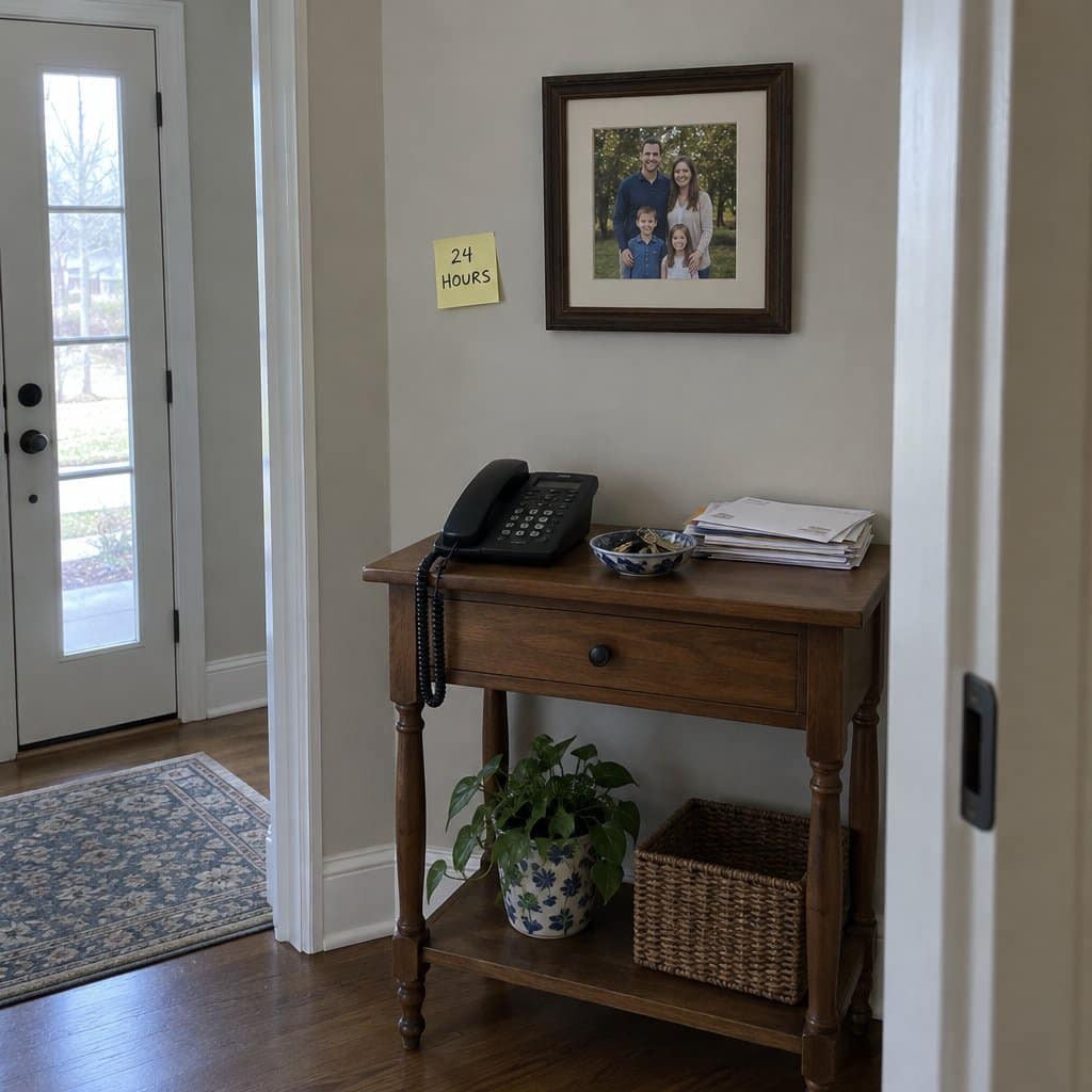 Landline phone on a hallway table with a sticky note on the wall beside it