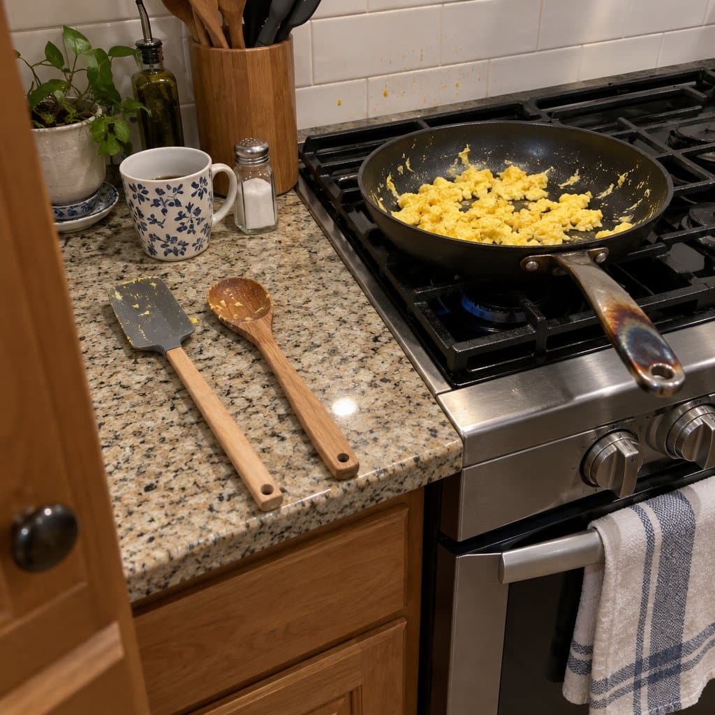 Stovetop pan of eggs with a spatula resting in it on a kitchen counter