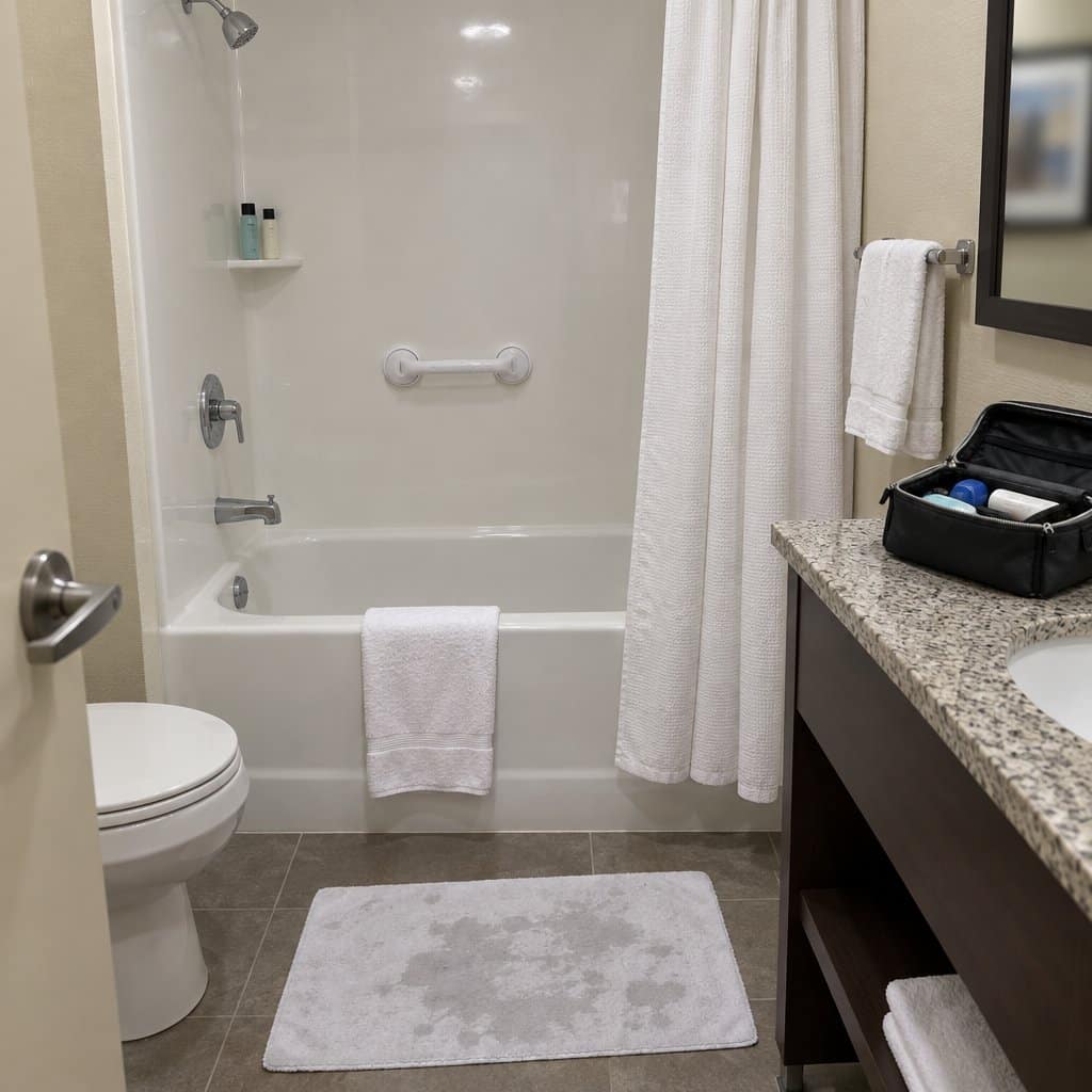 Suction cup grab bar attached to a smooth shower wall in an empty hotel bathroom