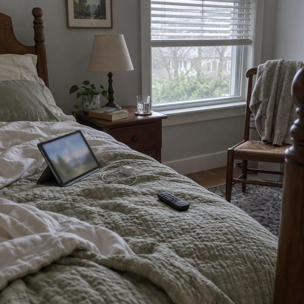 Tablet, tangled charging cable and remote on a rumpled bed